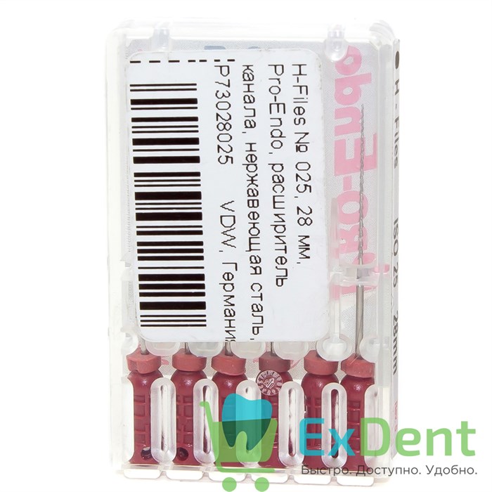 H-Files №25, 28 мм, Pro-Endo, расширитель канала, нержавеющая сталь, нестерильные (6 шт) 21154 - фото 27505