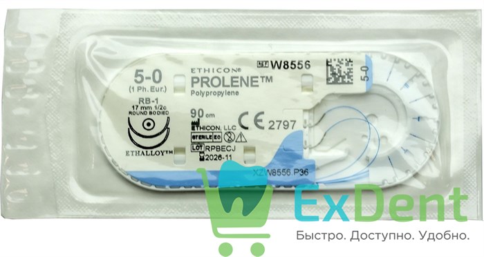 Шовный материал Prolene (Пролен) 5-0, 90 см с иглой 17 мм 1/2c 17848 - фото 35546