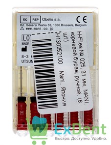 H-Files №25, 31 мм, MANI, корневой бурав, ручной (6 шт) 19448