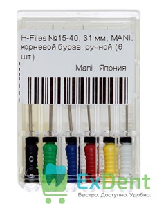 H-Files №15-40, 31 мм, MANI, корневой бурав, ручной (6 шт) 19439