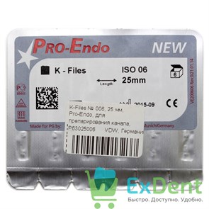 K-Files №06, 25 мм, Pro-Endo, для препарирования канала, нержавеющая сталь (6 шт) 15645