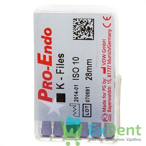 K-Files №10, 28 мм, Pro-Endo, для препарирования канала, нержавеющая сталь (6 шт) 15654