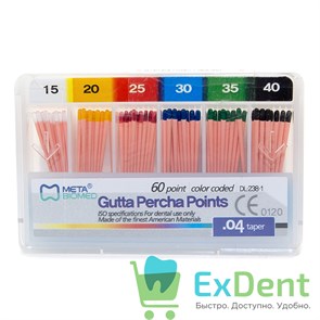 Гуттаперчевые штифты 04 №15-40 Meta - для пломбирования корневых каналов (60 шт) 14415