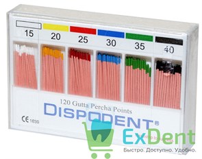 Гуттаперчевые штифты 02 №15-40 Dispodent - для пломбирования корневых каналов (120 шт) 16848