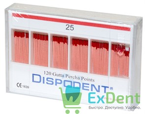 Гуттаперчевые штифты 02 №25 Dispodent - для пломбирования корневых каналов (120 шт) 17859