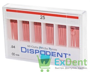Гуттаперчевые штифты 04 №25 Dispodent - для пломбирования корневых каналов (60 шт) 15799