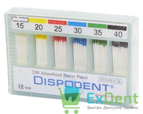 Бумажные штифты 02 №15-40 Dispodent - для удаления влаги в канале (200 шт) 20539