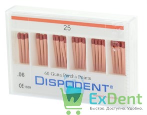 Гуттаперчевые штифты 06 №25 Dispodent для пломбирования корневых каналов (60 шт) 20666