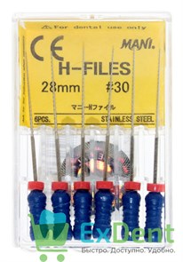 H-Files №30, 28 мм, MANI, корневой бурав, ручной (6 шт) 19451