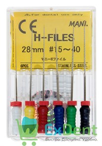 H-Files №15-40, 28 мм, MANI, корневой бурав, ручной (6 шт) 19444